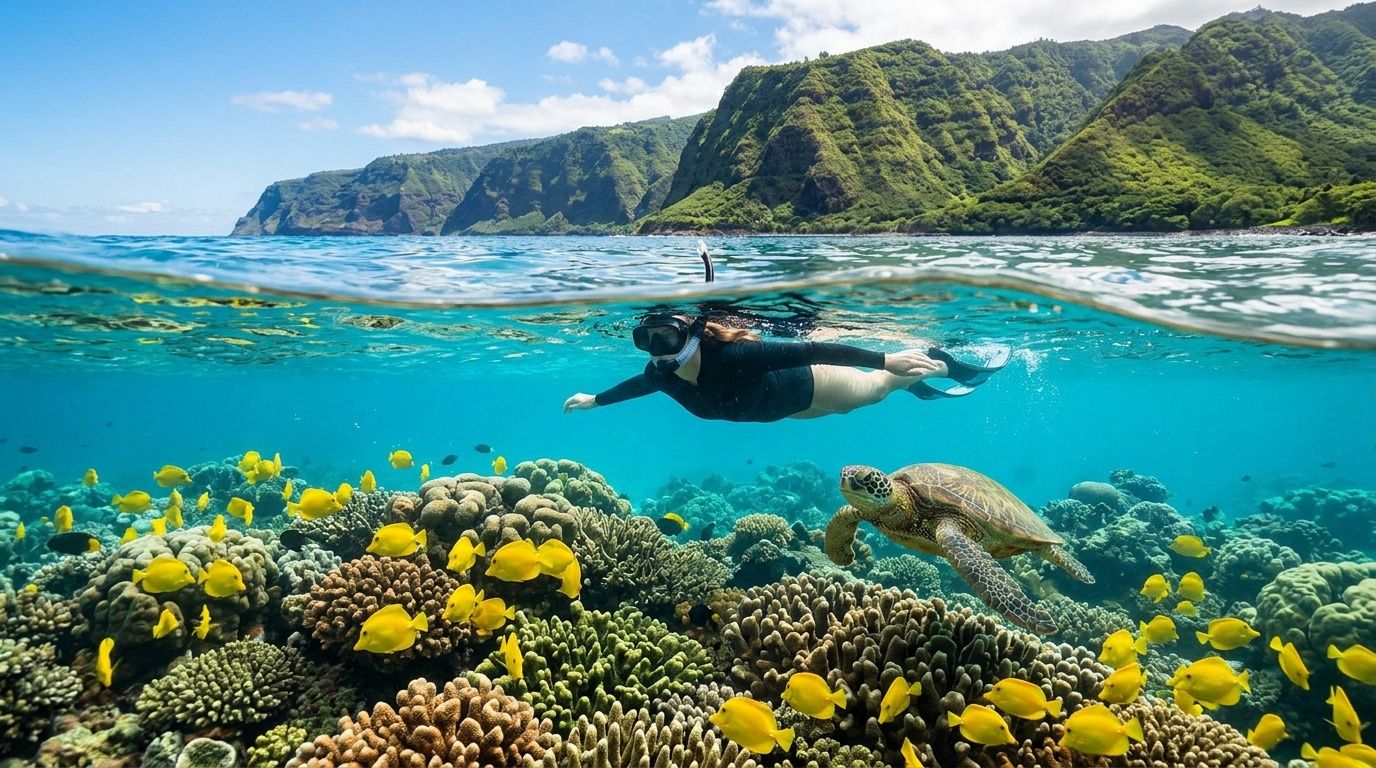Person snorkeling over a coral reef with fish and a sea turtle.