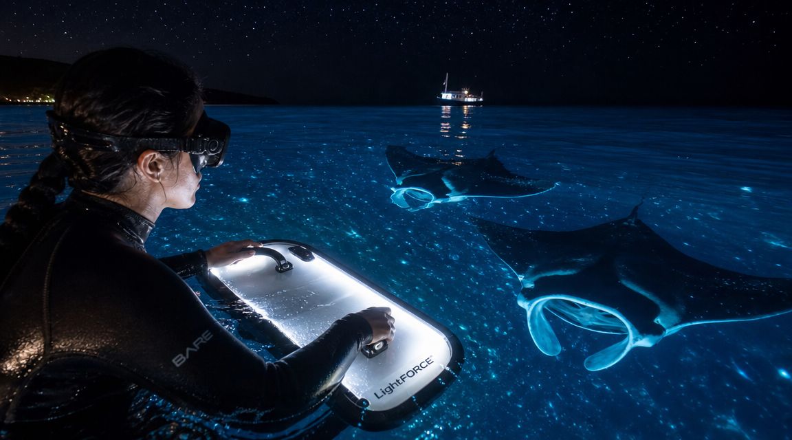 Person swimming at night with glowing manta rays in ocean.