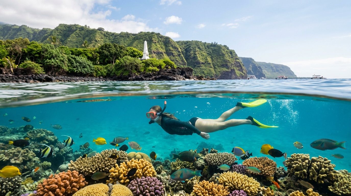 Person snorkeling over vibrant coral reef with fish, mountainous coastline in background.