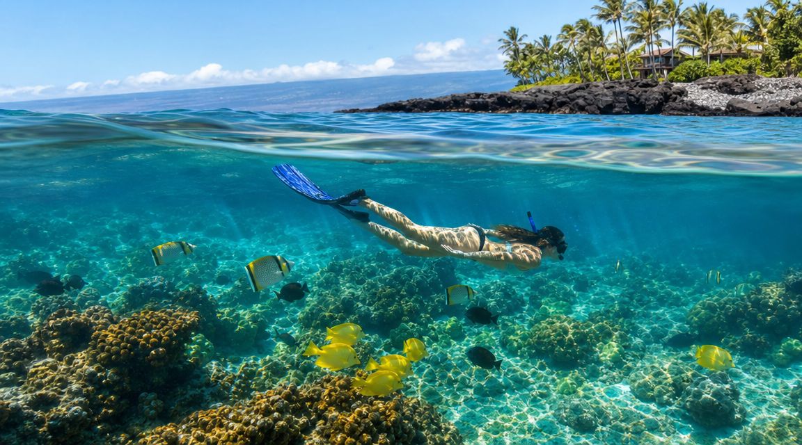 Person snorkeling near coral reef with fish in clear blue water.