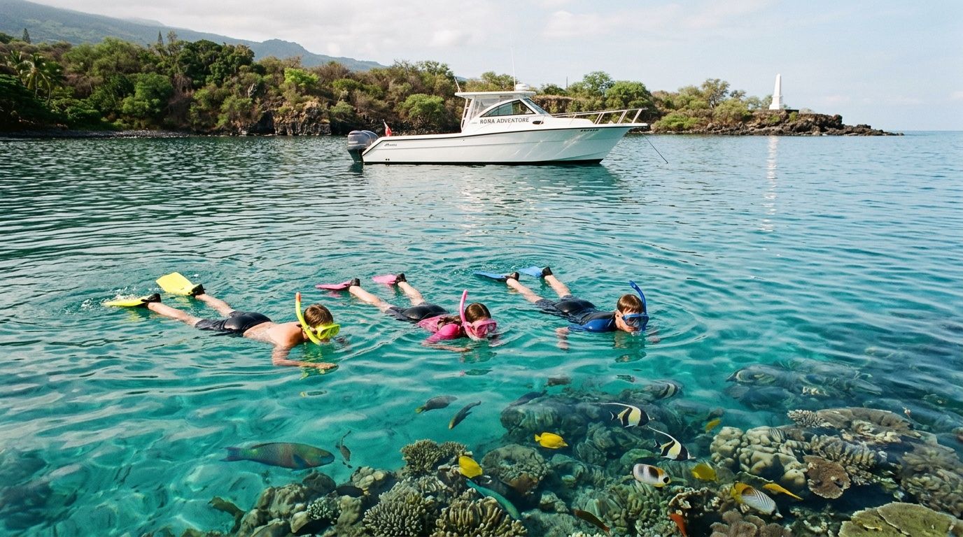 Three snorkelers in clear water above coral reef, boat in background.
