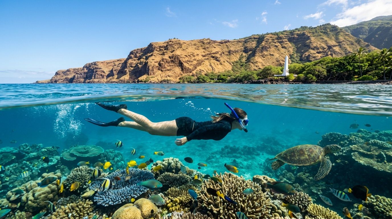 Person snorkeling over coral reef with fish and a turtle, near rocky coastline and lighthouse.