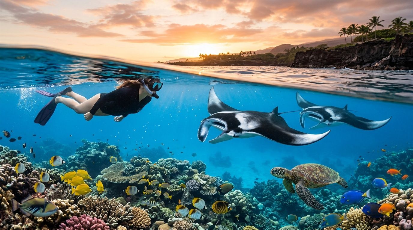 Snorkeler swimming near coral reef with manta rays and a turtle at sunset.