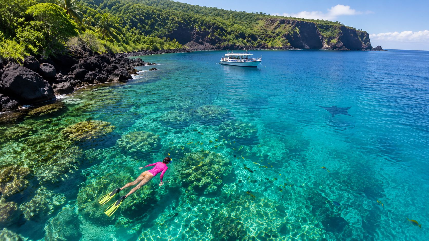 Person snorkeling near coral reefs in clear blue water, with a boat and lush green cliffs in the background.