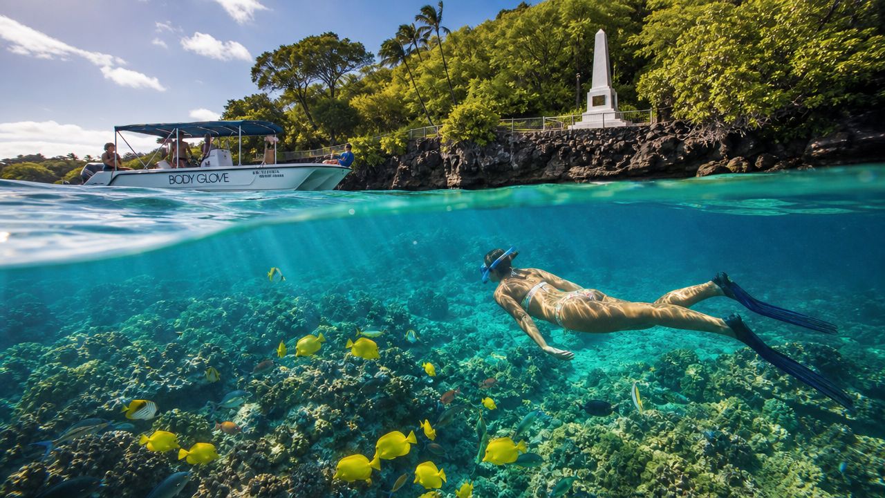 Snorkeler swimming over coral near a boat and monument in clear blue water.