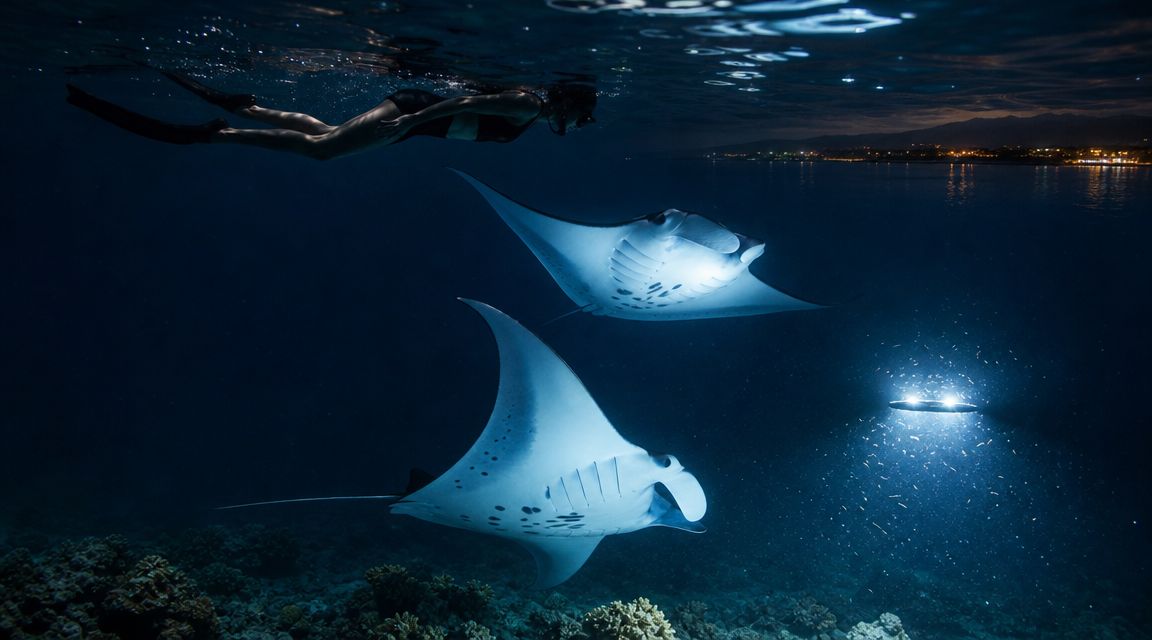 Snorkeler swimming with two manta rays at night, illuminated by an underwater light.