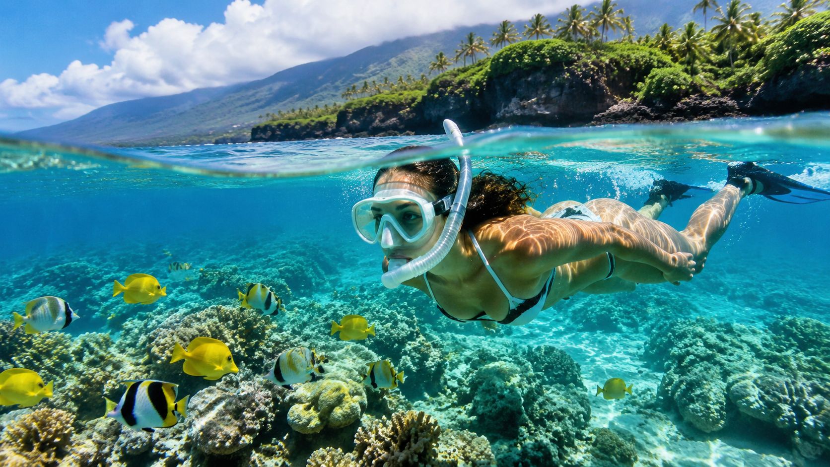 Person snorkeling in clear water near coral reef with tropical fish.