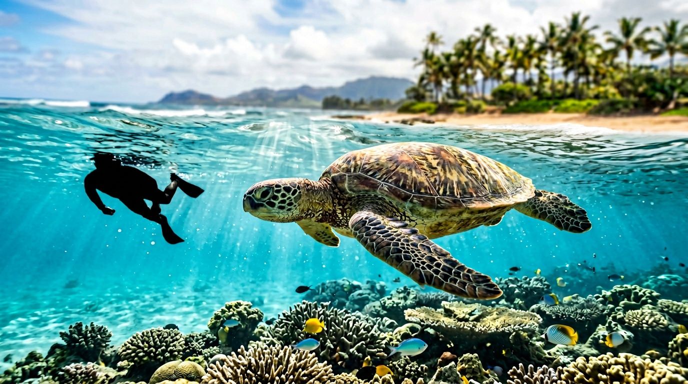 Sea turtle swimming over coral near snorkeler, with tropical beach backdrop.