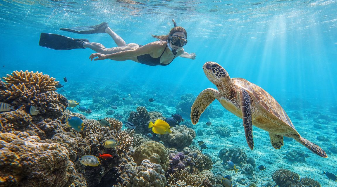 Person snorkeling near a sea turtle over a vibrant coral reef.