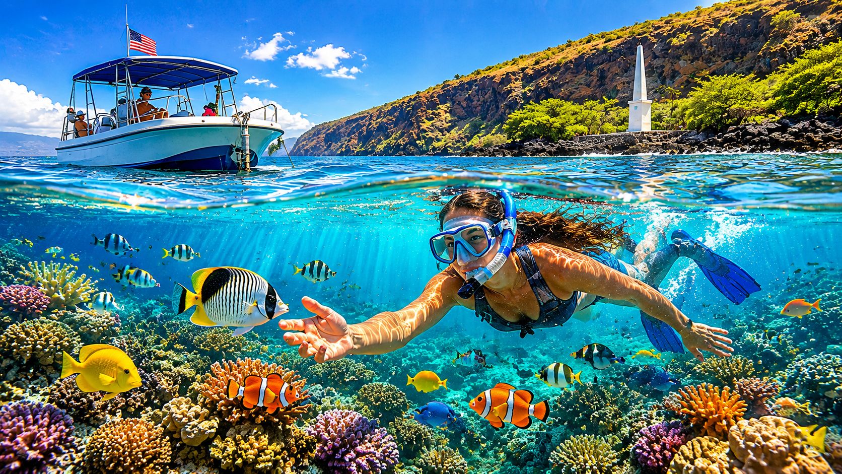 Person snorkeling near colorful fish and coral reef, with a boat and rocky coastline in the background.