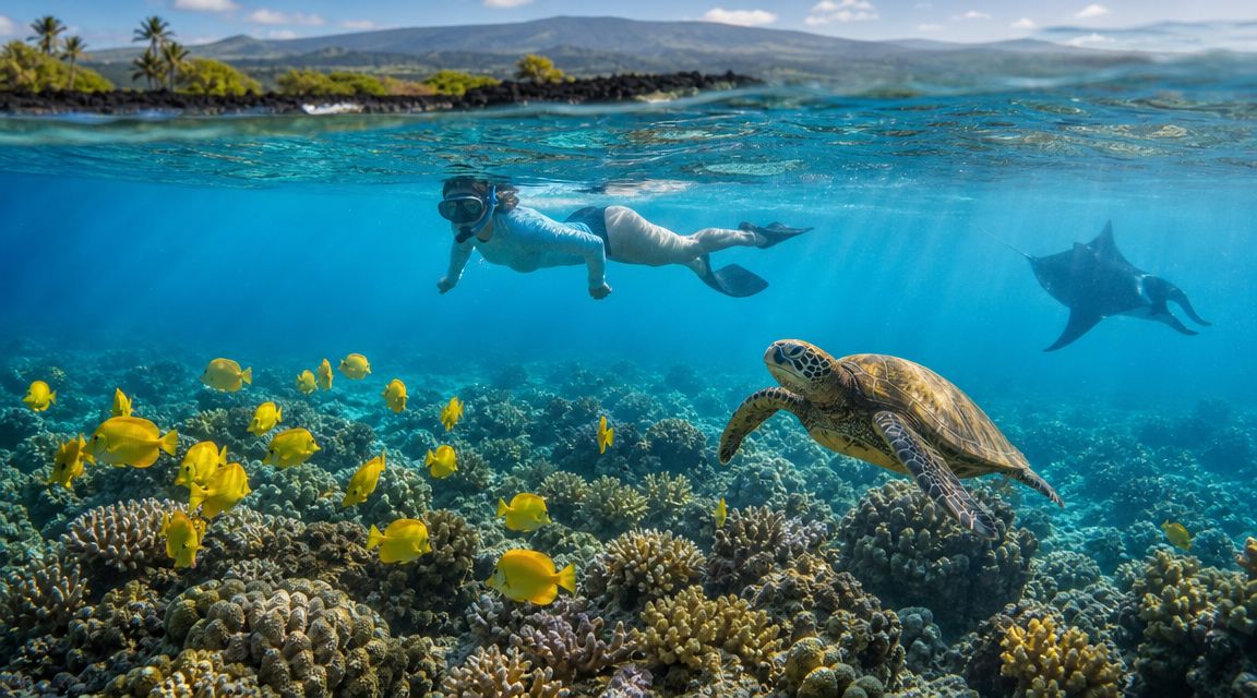 Snorkeler above coral reef with turtle, yellow fish, and manta ray.