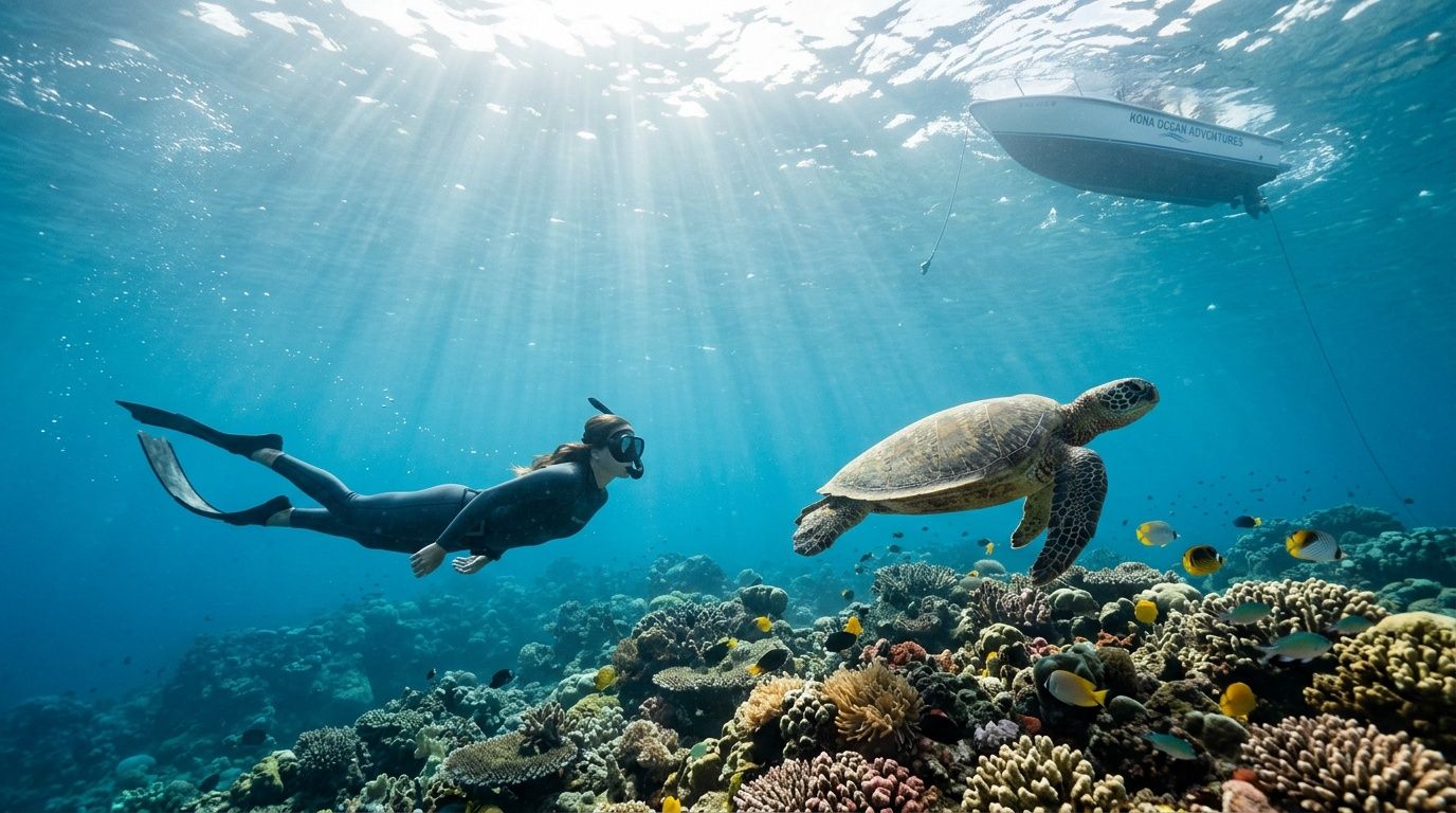 Diver swims near a sea turtle over a coral reef, with a boat above in clear blue water.