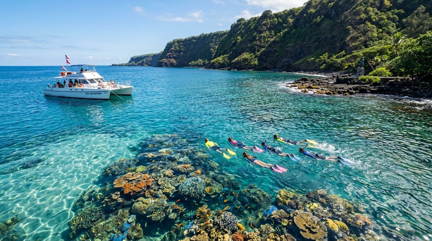 People snorkeling near a reef with a boat nearby in clear blue water.