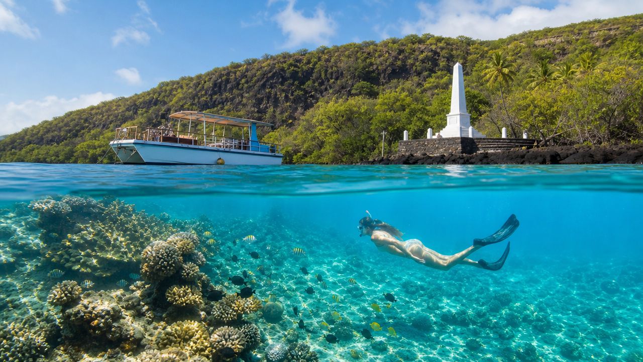 Snorkeler near coral reef with boat and monument nearby, lush island backdrop.