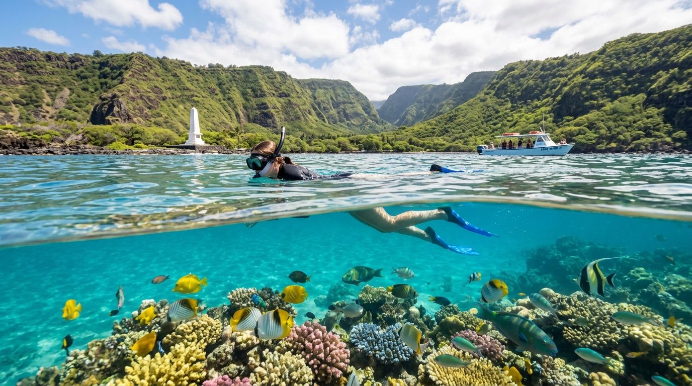 Snorkeler above vibrant coral reef with fish in clear water, lush hills in background.