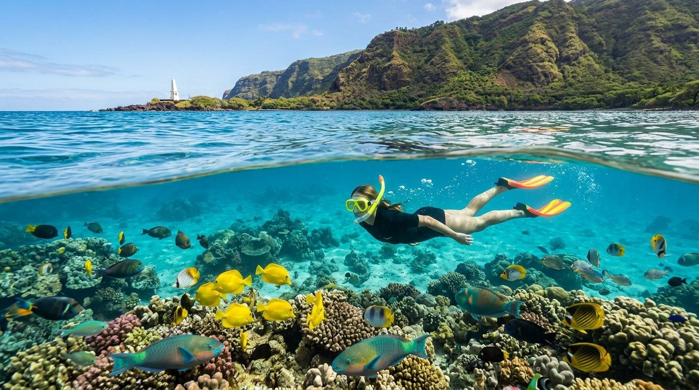 Person snorkeling over coral reef with colorful fish, island and mountains in the background.