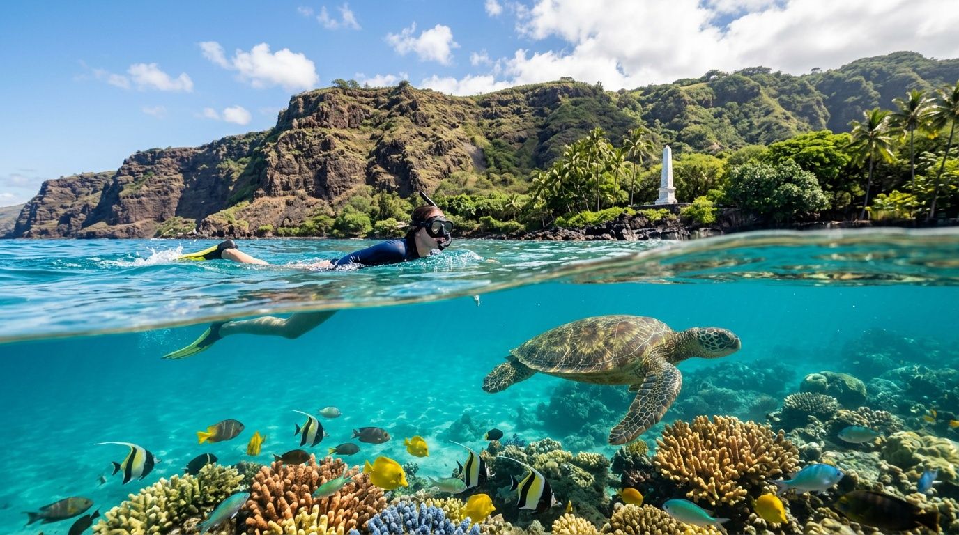 Snorkeler above coral reef with fish and turtle; rocky coast and lush greenery in the background.