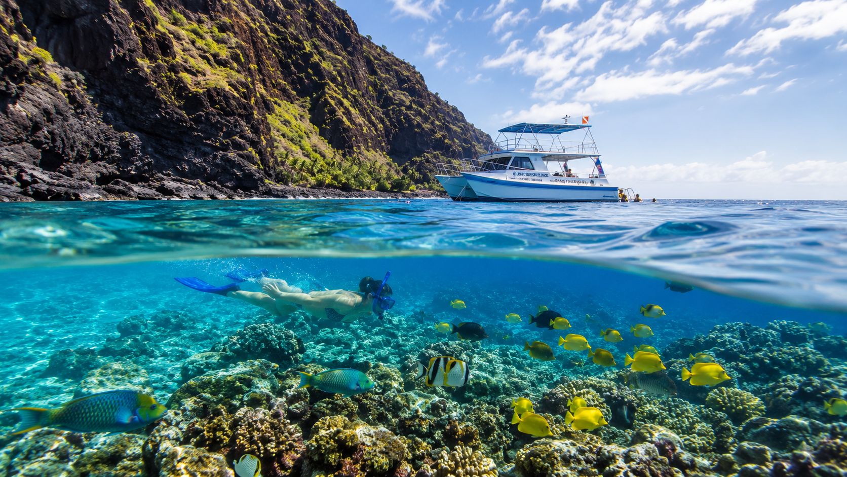 Snorkeler swims near colorful fish and coral, with a boat and rocky cliff in the background.
