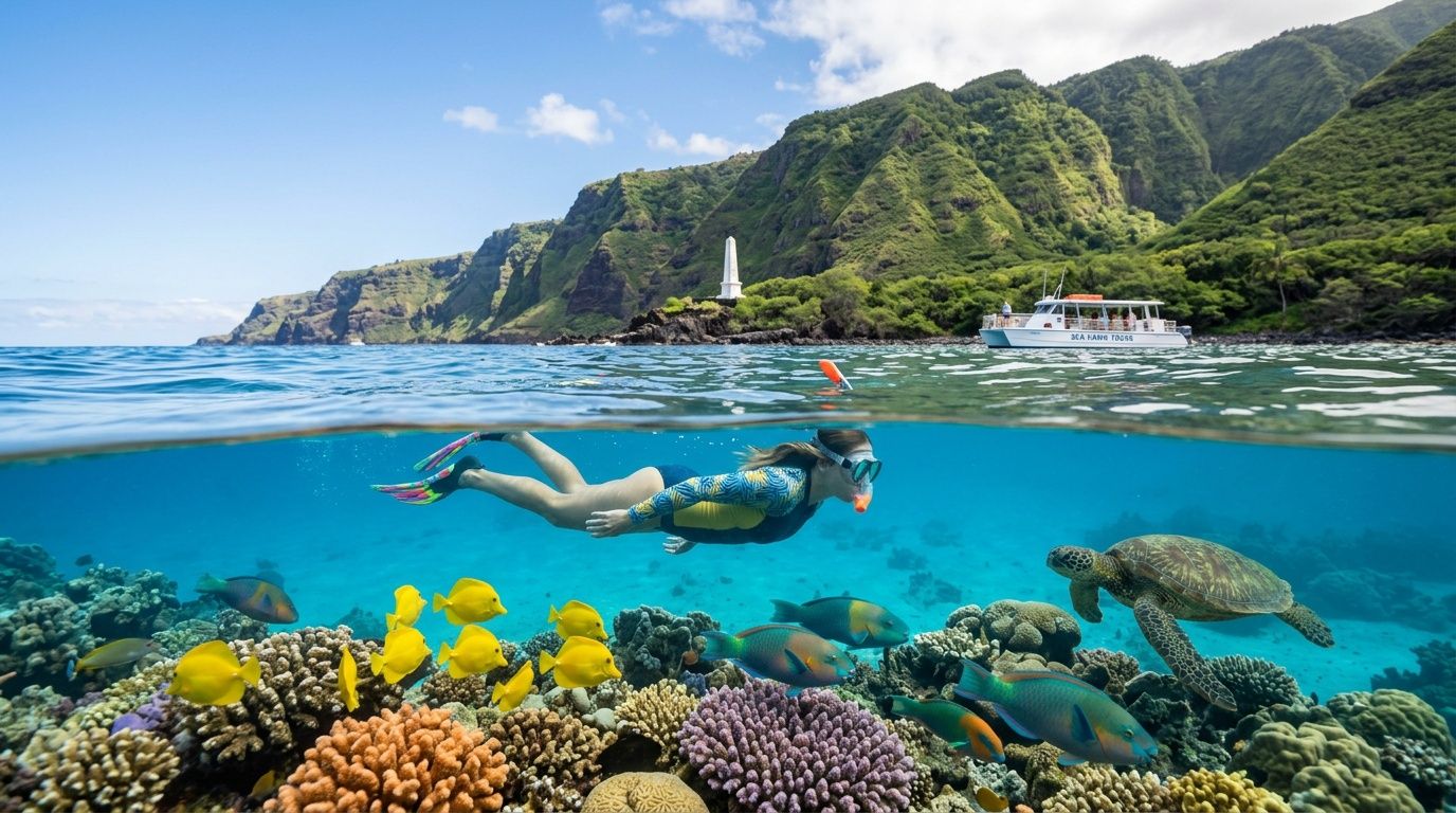 Snorkeler swims above colorful coral reef with fish and turtle, mountain backdrop and boat in distance.