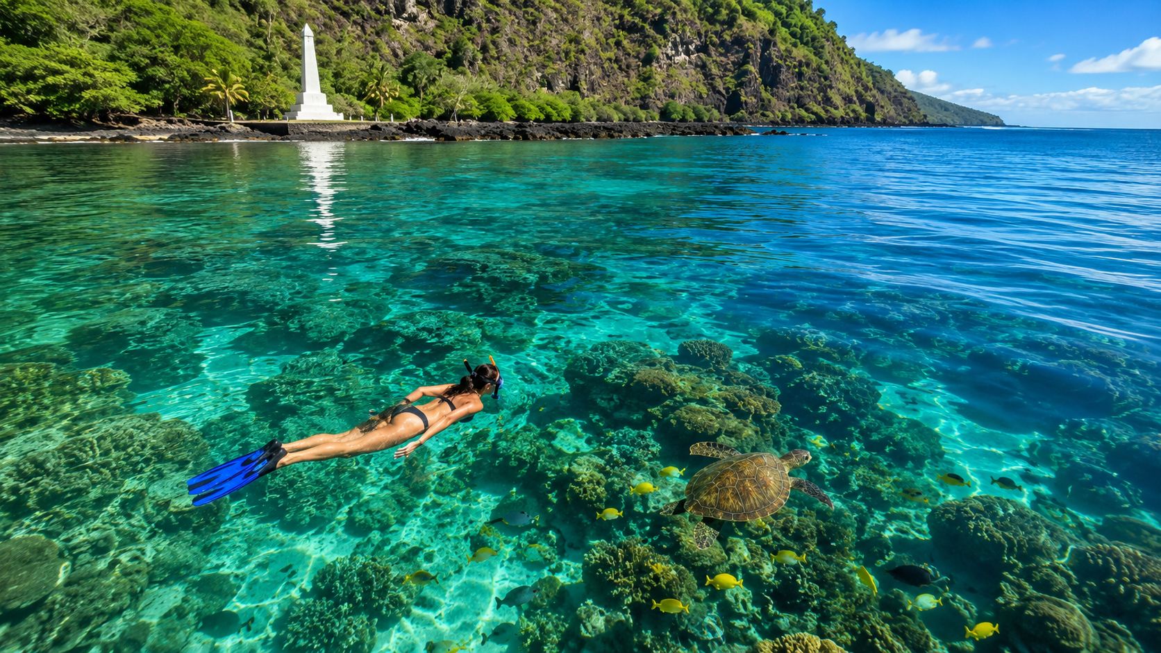 Person snorkeling over coral reef with a turtle nearby, clear water, lush green hill and monument in the background.