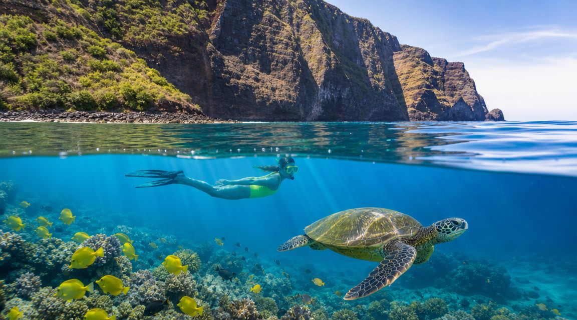 Woman snorkeling near turtle with cliffs in the background.