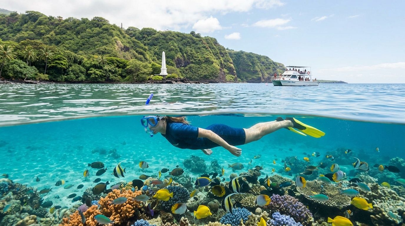 Person snorkeling above a vibrant coral reef near a lush green island.