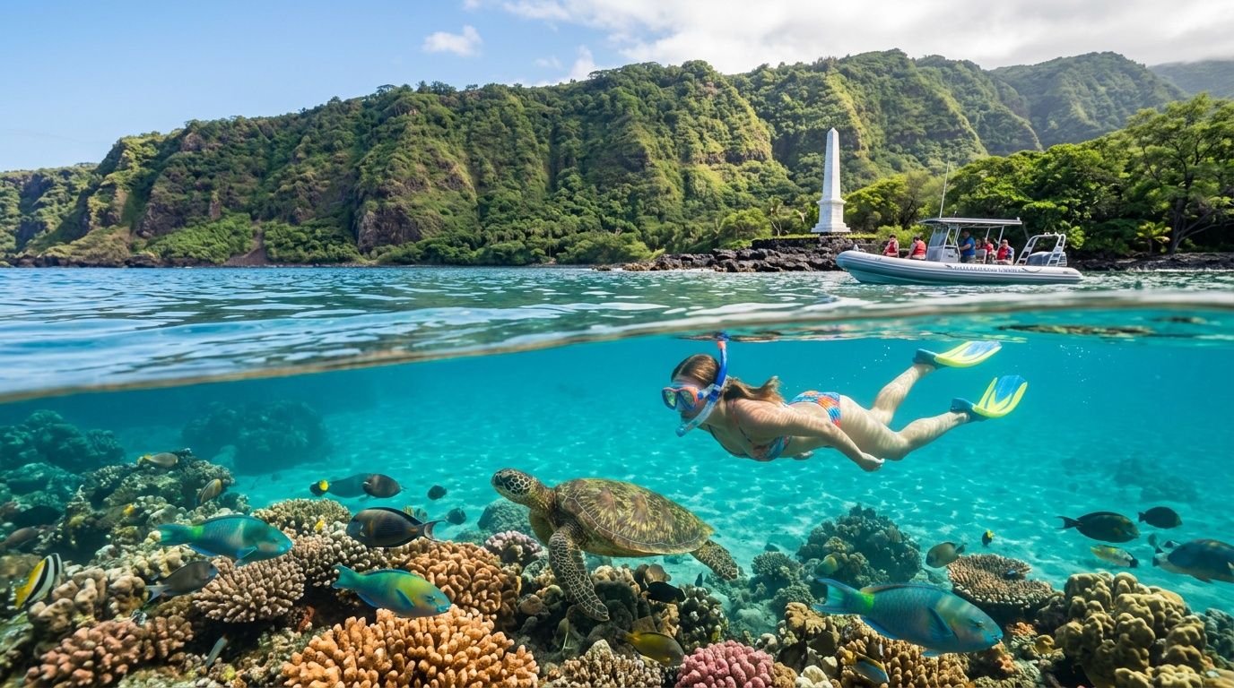 Person snorkeling near coral reef with turtle; boat and lush hills in background.
