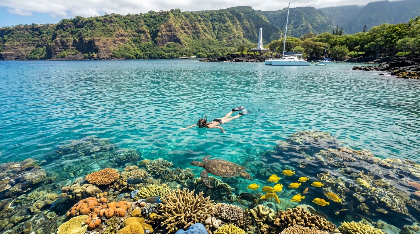 Person snorkeling in clear water near corals and fish, with boats and lush hills in the background.