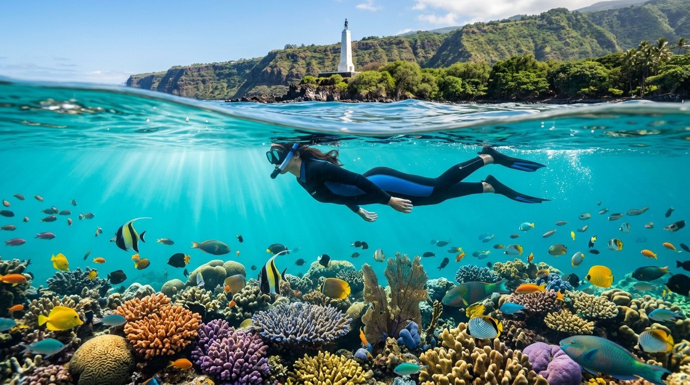 Snorkeler over vibrant coral reef with fish, coastal cliffs and lighthouse in background.