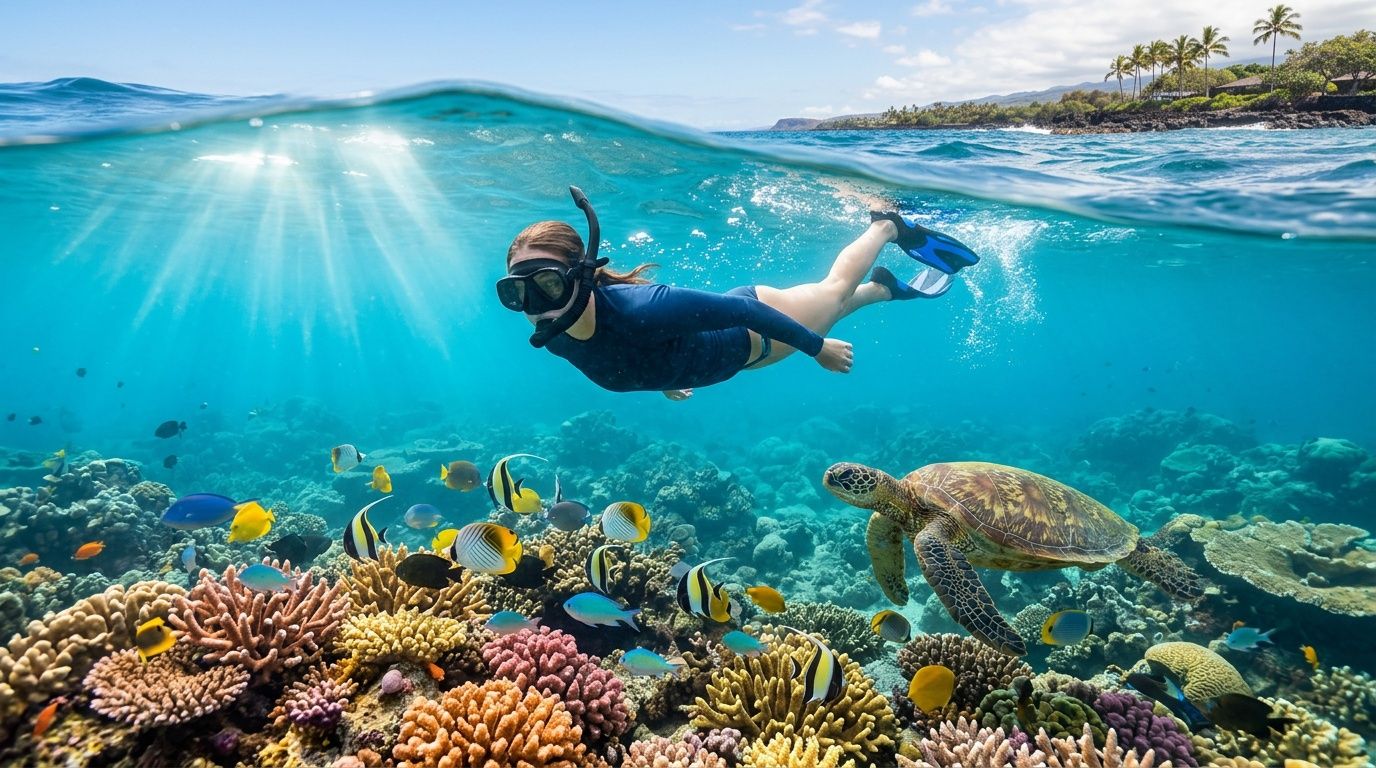 Snorkeler swimming over coral reef with colorful fish and sea turtle.