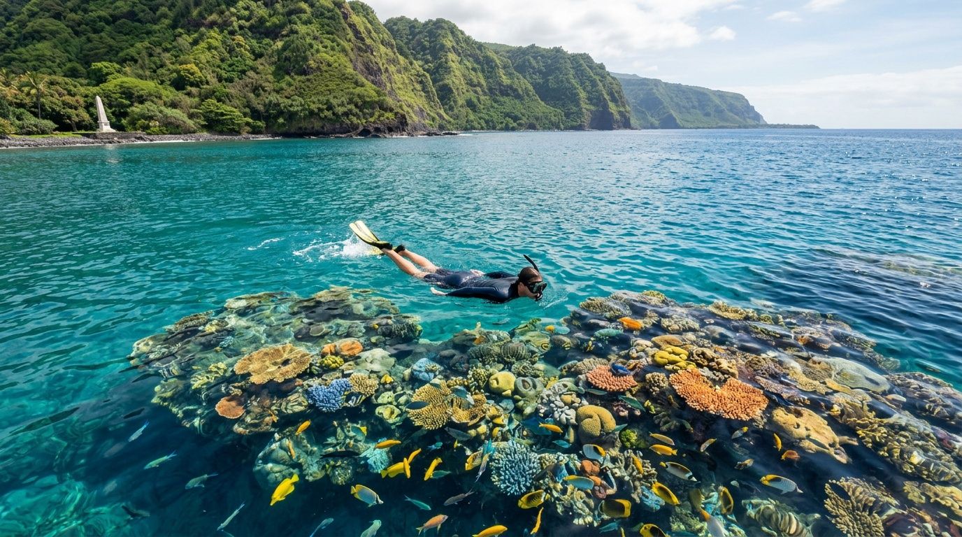 Person snorkeling over colorful coral reef with mountains and blue sea in background.