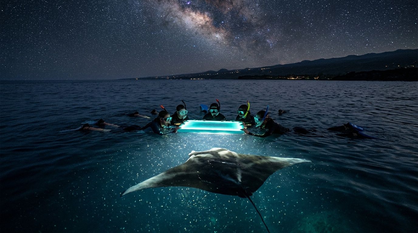 Divers observe a manta ray under a starry night sky with a glowing light board.