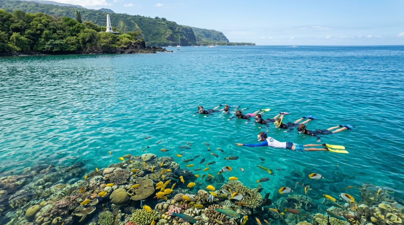 People snorkeling near a coral reef with tropical fish and a scenic coastline in the background.