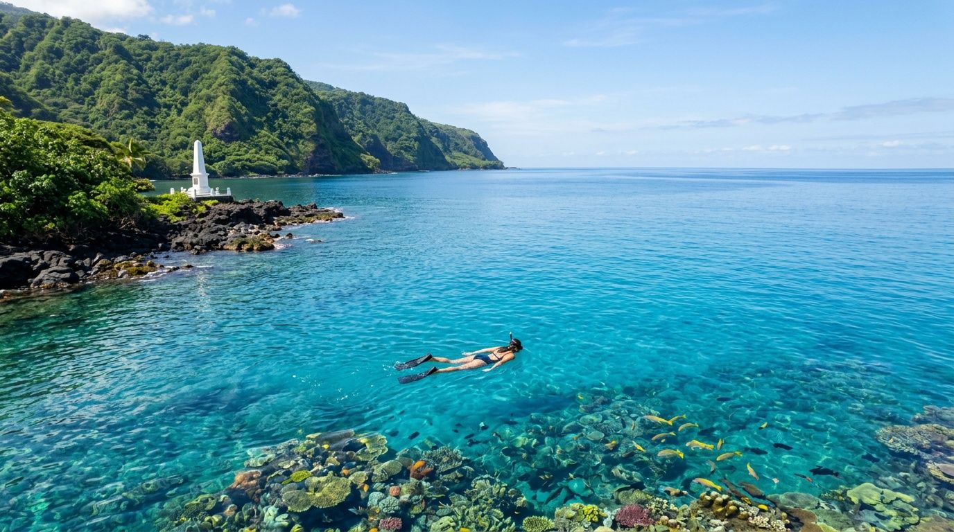 Person snorkeling in clear blue water near lush, green cliffs and a white lighthouse.
