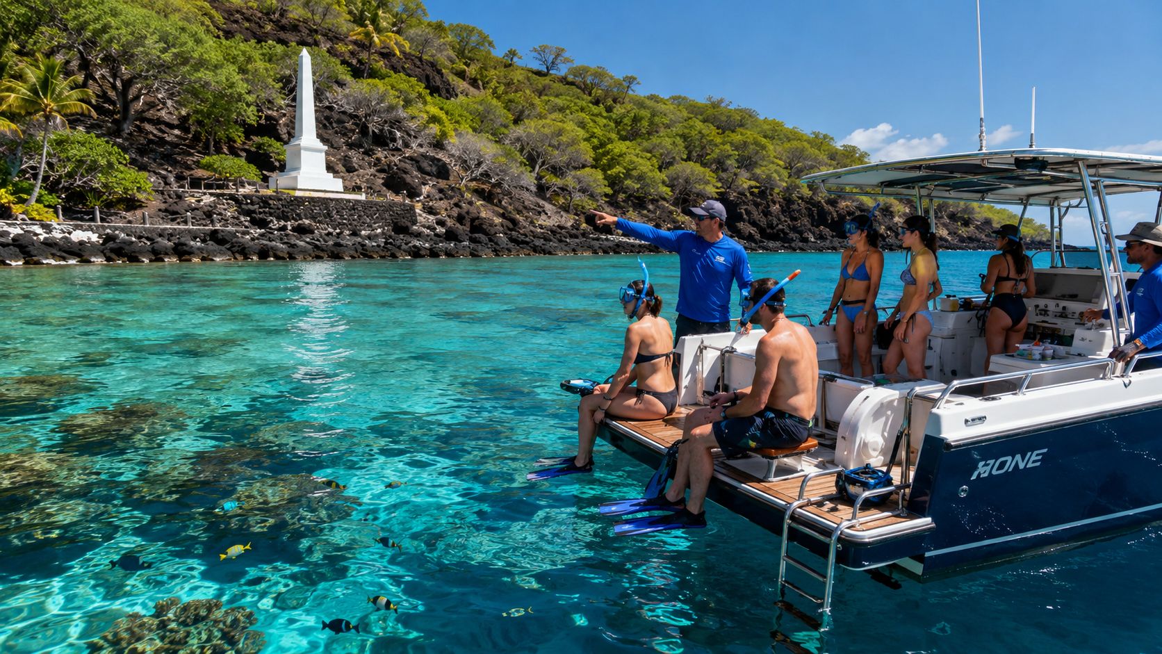 Snorkelers on boat near monument, clear water, trees on shore.