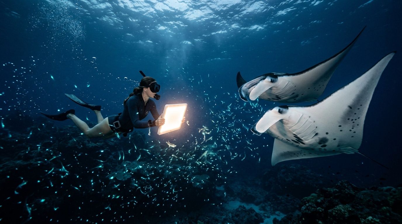 Diver with tablet swims near two manta rays in ocean.