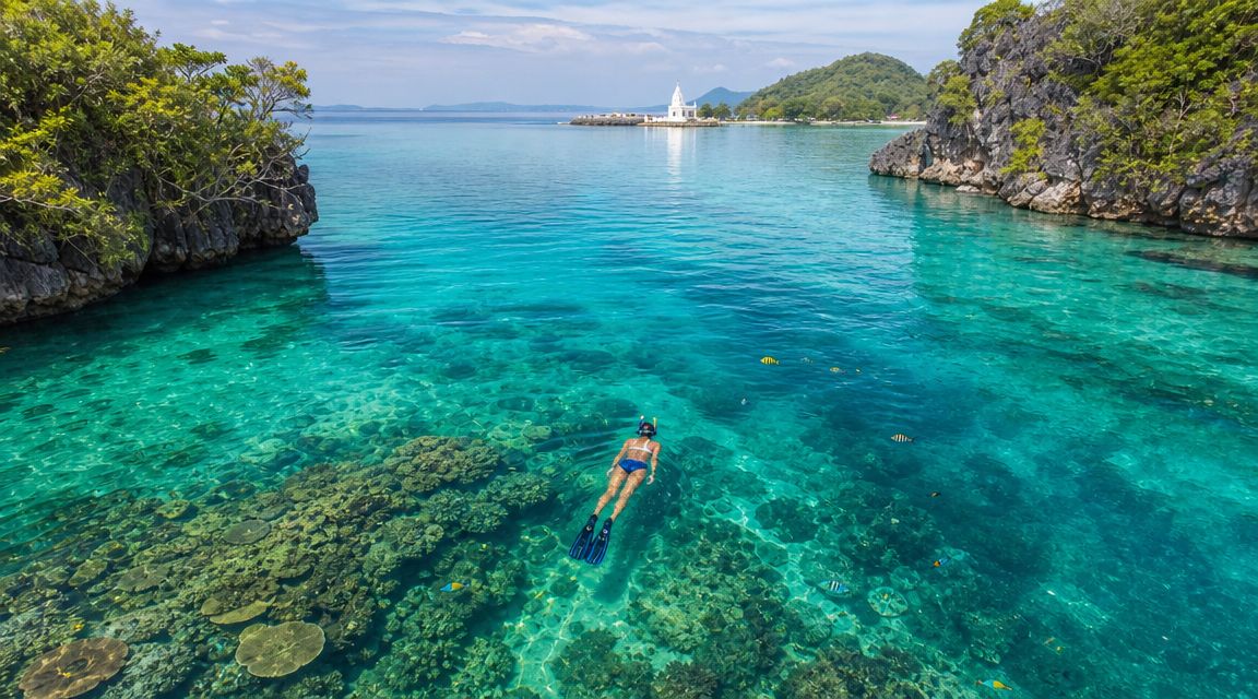 Person snorkeling in clear turquoise water surrounded by rocky islets and distant building.