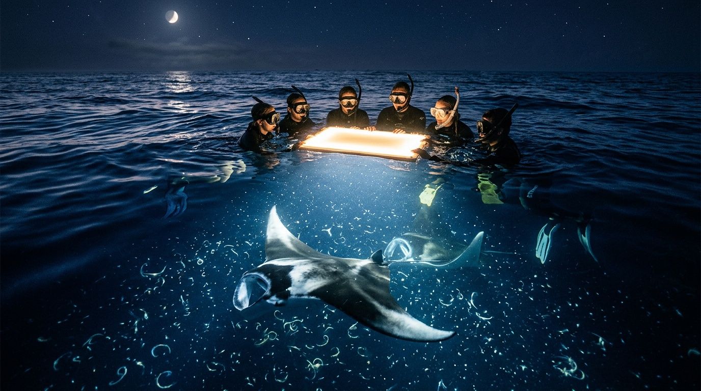 Divers with a light board observe manta rays underwater at night.