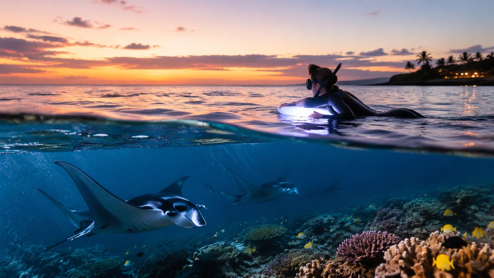 Snorkeler with flashlight above water, manta rays swimming below at sunset.