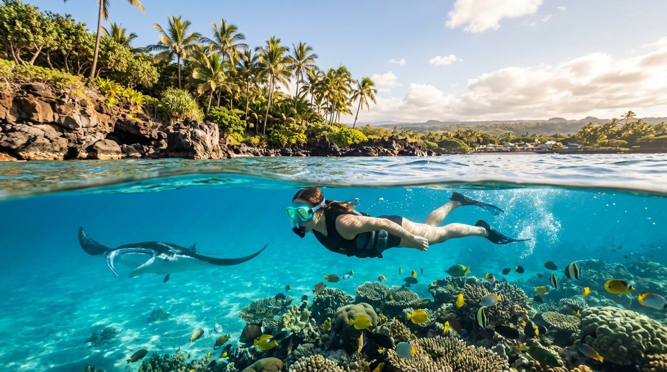 Person snorkeling near a manta ray above a coral reef with tropical landscape in the background.