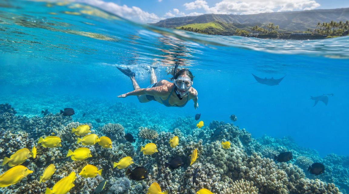 Person snorkeling over coral reef with yellow fish, clear water, and mountainous coastline.