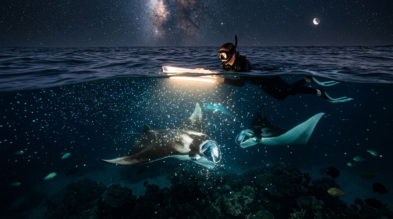 Diver with light swims above manta rays at night under a starry sky.