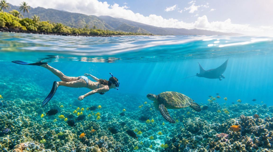 Person snorkeling near a sea turtle and manta ray in clear ocean water.