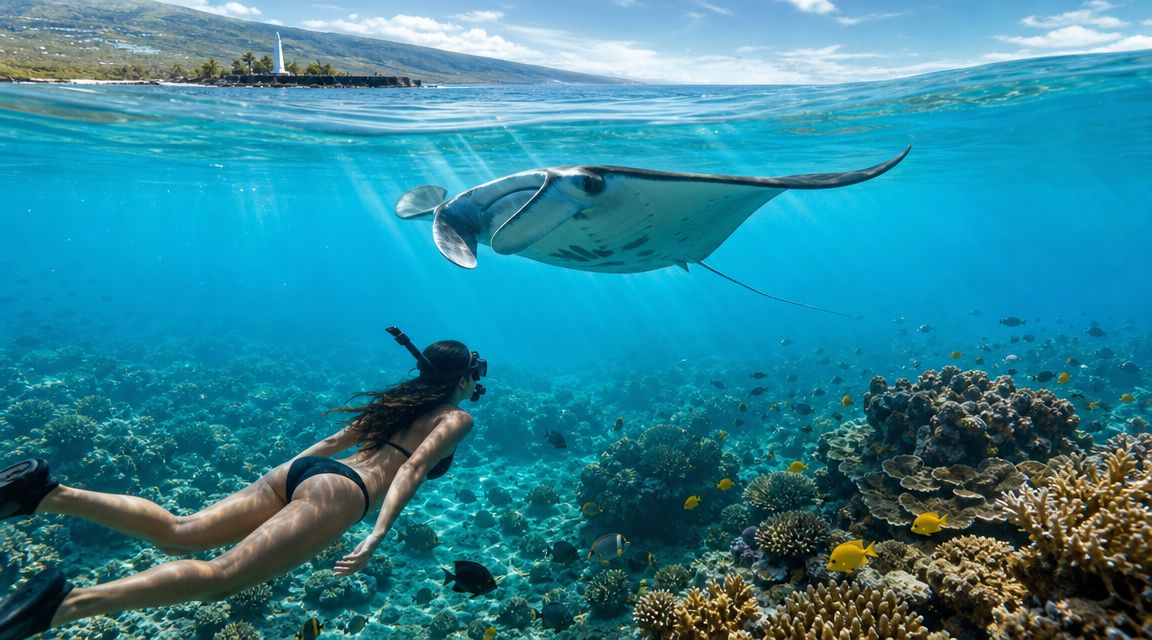 Snorkeler swimming near a manta ray above coral reef in clear blue water.