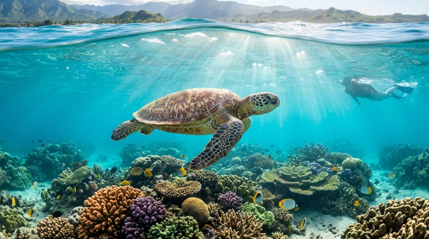 Sea turtle swimming above colorful coral reef, with diver in background.