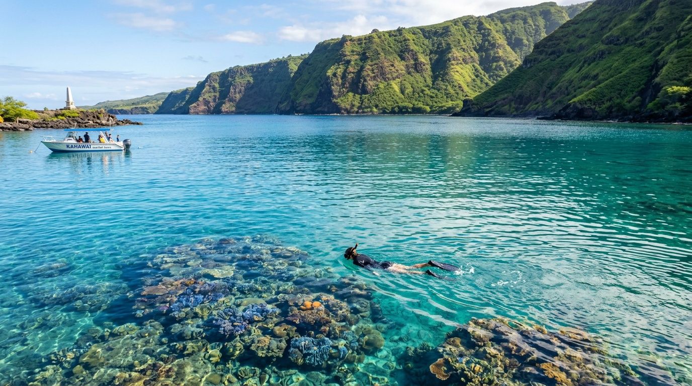 Person snorkeling near a coral reef in clear blue water with a boat and green hills in the background.
