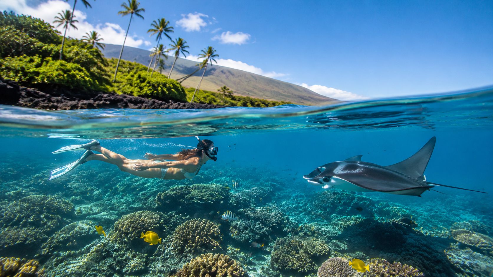 Snorkeler swims near manta ray over coral reef with palm trees and mountains in background.