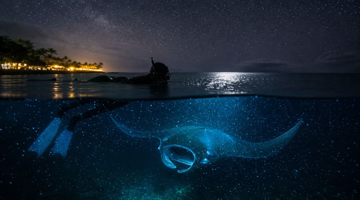 Diver with manta ray in moonlit ocean, starry sky above.