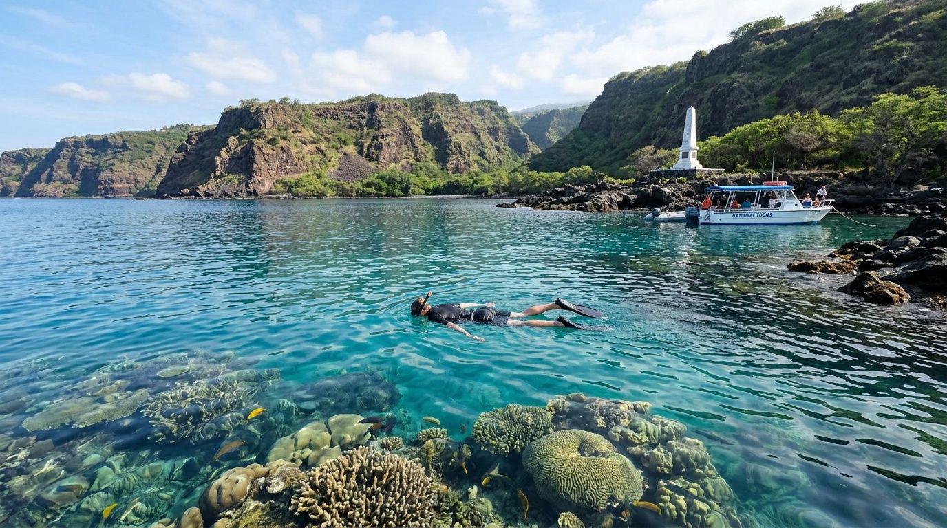 Person snorkeling in clear water near coral reef, with boat and rocky cliffs in the background.