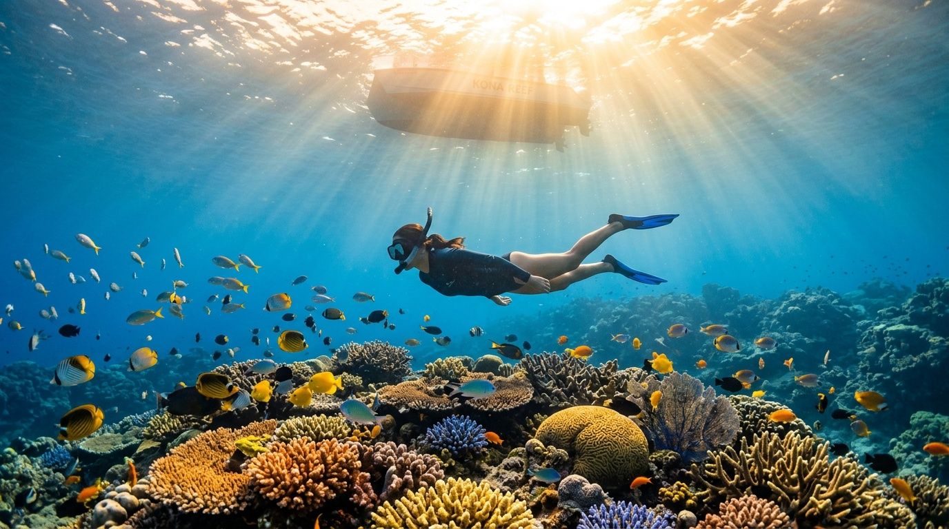 Person snorkeling above vibrant coral reef with colorful fish and sunlight filtering through water.